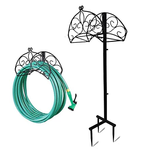 Garden Hose Holder, Heavy Duty Hose Hanger - Detachable Water Hose Stand with 3 Prong Anchor, Metal Ground Stakes Hose Organizer for Outside Yard