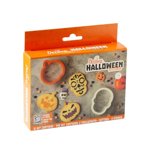 Decora, 0255223 - Juego decorativo de Halloween, 2 cortadores de calabaza y calavera + 4 plantillas decorativas, ideal para crear galletas decoradas tridimensionales, fabricado en Italia, paquete de 6