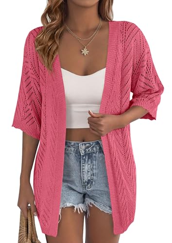 PRETTYGARDEN Women Lightweight Short Sleeve Cardigan, Watermelon Red,M