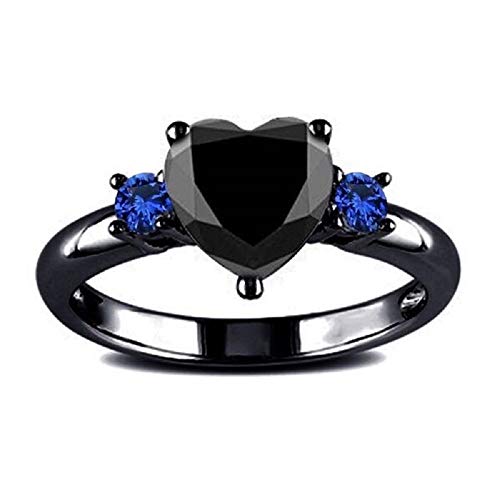XIALV Black Rhodium Plated Simulated Agate Heart-shaped & Blue Cubic Zirconia Promise Ring for Women (US size 7)