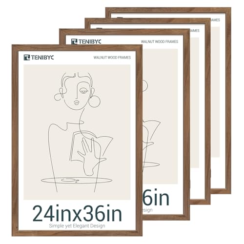 24x36 Poster Frame 4 Pack, Brown Walnut Wood Picture Frame, Suitable for Photos, Puzzles, Paintings & Maps, Wall Hanging