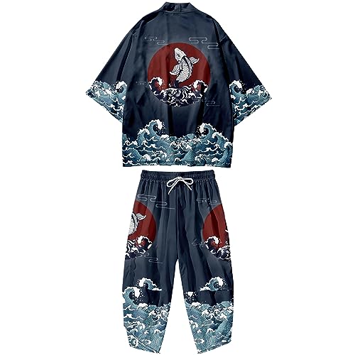 Image of DOSLAVIDA Men's Japanese Kimono Jacket Set Stylish Open Front Coat With Shorts Chinese Style Printed Cardigan Suit