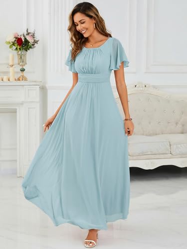Image of Ever-Pretty Women's Spring Elegant Round Neck Short Sleeve Chiffon Empire Waist Floor Length Formal Dresses Bridesmaid Dress