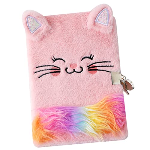 EXCEART 可愛い猫柄付きフラフィー日記帳 女の子向け鍵付き おしゃれな子供用ライティングノート のぬいぐるみノート バースデー クリスマスプレゼントに