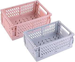 Misazy Plastic Storage Baskets,Foldable Desktop Storage Basket,Plastic Folding Storage Box Basket For Store Cosmetics, Stationery And Accessories At Home Desk(2pcs,Pink And Blue)