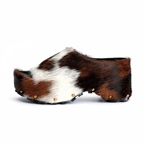 Image of XOBZJH Long-Hair Calfskin Chunky Clog Slide for Women - Memory Foam Luxury Slip on Shoes Women's Mules & Platform Clogs,Designer Mules for Women 2025