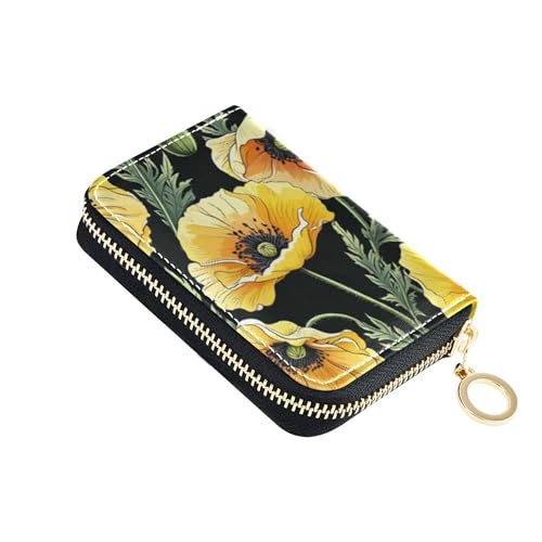 Funny Wallet for Women Small Credit Card Protector RFID Blocking Cartoon Yellow Flower Black Zipper Coin Purse with Key Ring