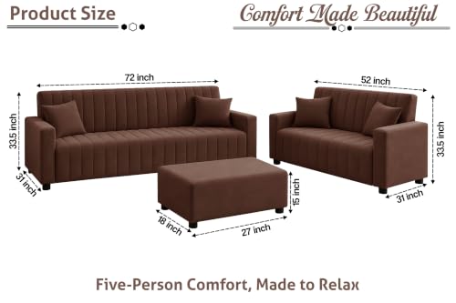 Image of Rosebell 3+2 Fabric Sofa Set with Ottoman | Premium Upholstery 5 Seater Sofa | with Printed Cushions | Living Room Furniture | - Brown Color