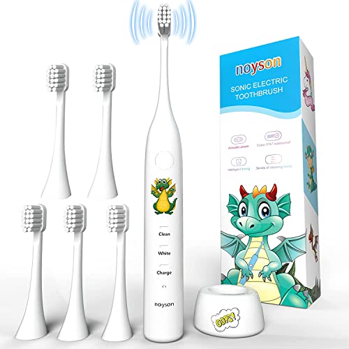 Elektrische zahnbürste kinder ab 0-4 jahr, wiederaufladbare Schallzahnbürste mit 2 Minuten Timer, 30er Jahre Erinnerung, 6 Ersatzköpfe( weiß) Cover
