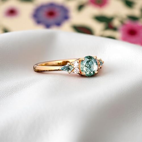 Vintage Moss Agate & Moissanite Cluster Ring | Round Kite-Cut Green Agate in Solid Gold | Dainty Engagement, Wedding, or Bridal Ring for Women4
