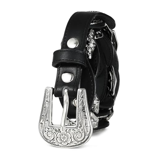 Black Concho Belt for Women Trendy Western Belt with Silver Buckle Retro Waist Belt for Casual Dressy Wear2