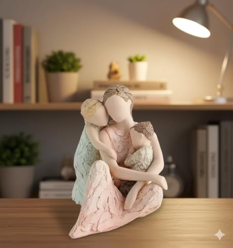 Image of Mother with Two Children (MA Bacha) Figurine, Resin Sculpture, Pastel Colors, Family Theme, Home Decor