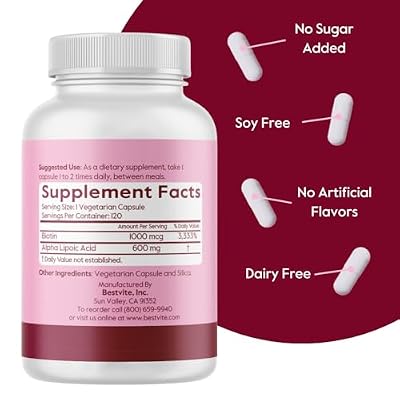 BESTVITE High Strength Alpha Lipoic Acid 600mg (per Capsule) with Biotin to Enhance Absorption (120 Vegetarian Capsules) - No Stearates - Vegan - Non GMO - Gluten Free