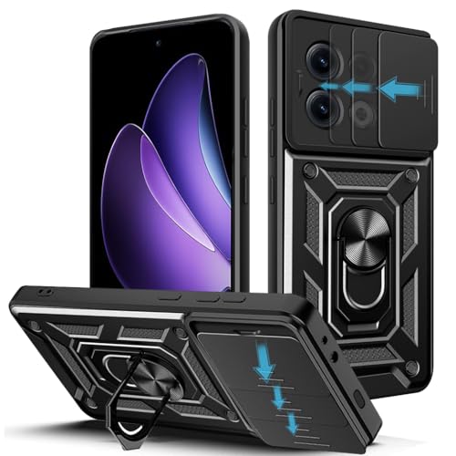 Image of Heavy Duty Back Case Cover for Oppo Reno 13 Pro 5G, Shockproof Oppo Reno 13 Pro Back Cover, Ring Case with Kickstand and Camera Protection Shutter - Black