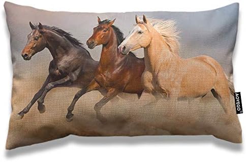 AOYEGO Horse Throw Pillow Cover 12x20 Inch Wild Animal Three Horses Run in The Wind Sand Rectangle Pillow Cases Home Decorative Cotton Linen Cushion Cover for Bed Sofa