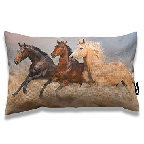 Aoyego Horse Throw Pillow Cover 12X20 Inch Wild Animal Three Horses Run In The Wind Sand Rectangle Pillow Cases Home Decorative Cotton Linen Cushion Cover For Bed Sofa #TOP8