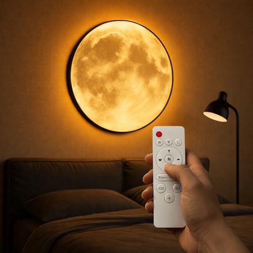 Image of One94Store 3D Moon LED Wall Lamp with Remote Control | 3 Color Changing Modern Wall & Ceiling Light | Art Deco Indoor Wall Sconce for Living Room, Bedroom, Hallway | Corded Electric 400MM