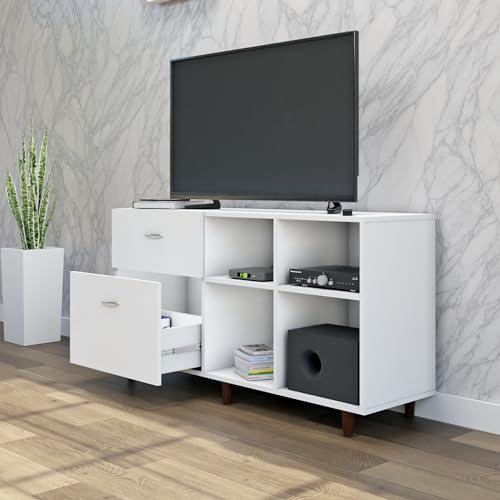 Image of VIKI Modern TV Unit for Living Room | Engineered Wood TV Cabinet with 2 Drawer Storage & 2 Open Shelves, Set Top Box Stand, Entertainment Unit, 140W x 74H x 40D cm | DIY | 1 Year Warranty (White)