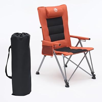 LUBEDCY Folding Reclining Camping Chair with Footrest, 5-Position Adjustable Lounge Chair with Headrest & Cushion, Portable Heavy Duty Camping Chair for Outdoor, Beach, Patio, Office (Orange)