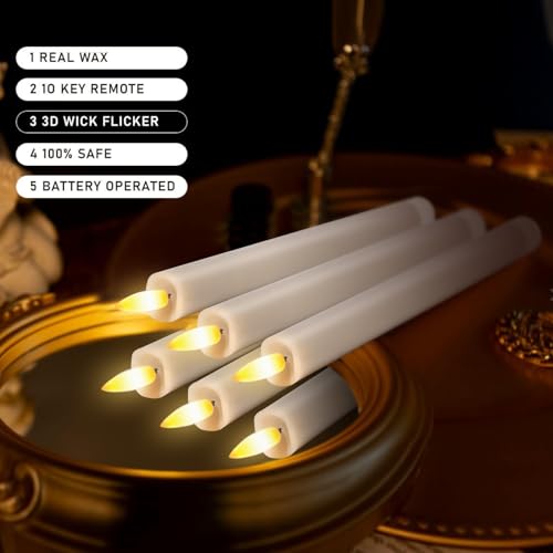 Image of Upgraded Real Wax LED Flameless Taper Candles with Remote, 6 PCS Taupe 9.6 inch Long Realistic Fake Candlesticks for Home /Wedding /Fireplace Xmas Decor