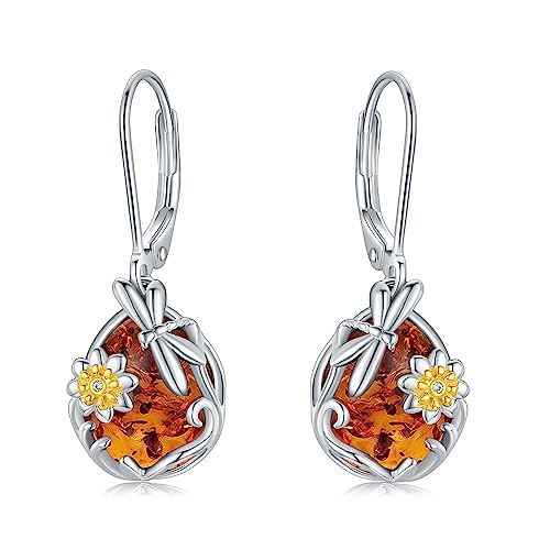 Dragonfly Earrings Sterling Silver Amber Teardrop Leverback Earrings Sunflower Dangle Drop Earrings Dragonfly Jewelry Gifts For Women Girls #TOP10