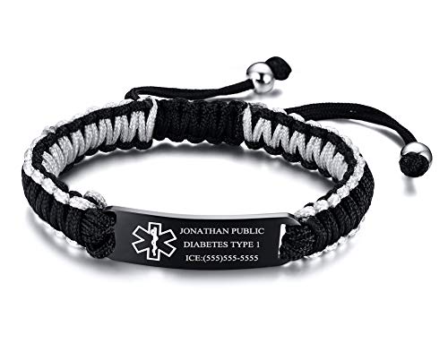 Free Engraving Stainless Steel Handmade Braided Paracord Medical Alert ID Bracelets Wristband for Men, Adjustable,Grey