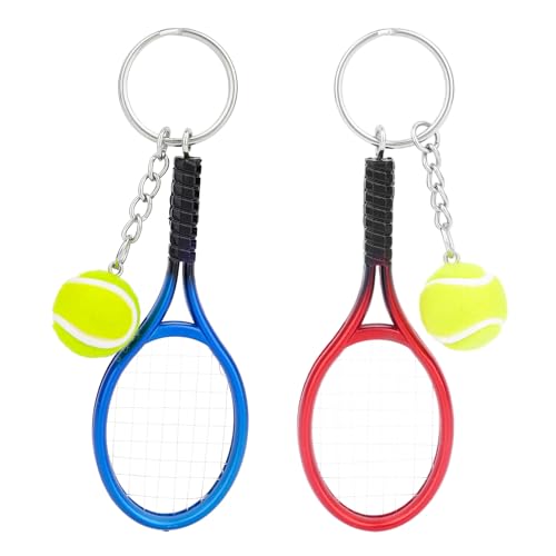 Penitue 2pcs Mini Tennis Racket Keychains, Small Tennis Ball Key Ring Gifts Tiny Fashionable Bag Charm for Women Men Couples Sport Lovers & Teams Party Favors Accessories (Red, Blue)