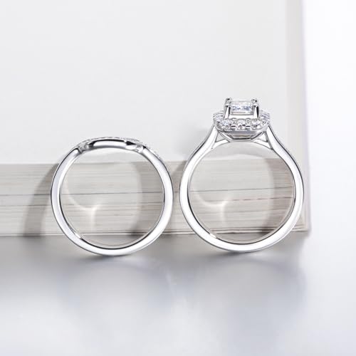 Moissanite Ring Emerald Cut Wedding Sets for Women Halo 1.85cttw (1CT Center Stone) D Color Platinum Plated 925 Sterling Silver4