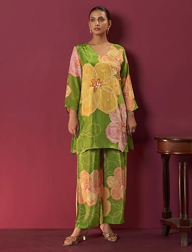 Image of Arangya Women's Pure Crepe Hand Work Co Ord Set for Women l Stylish Modern Kurta with Side Pocket Bottom l Family Gatherings