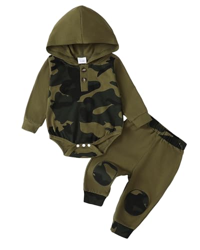 Image of NZRVAWS Baby Boy Clothes 0-3 Months Newborn Boy Outfit Baby Sweatshirt Hoodie Romper Long Pants Green Camo Fall Winter Clothing