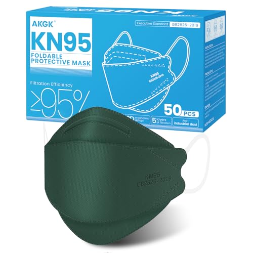 akgk KN95 Face Masks 50 Pack, 5-Ply Disposable Dark Green Face Mask Against PM 2.5 Smoke and Dust
