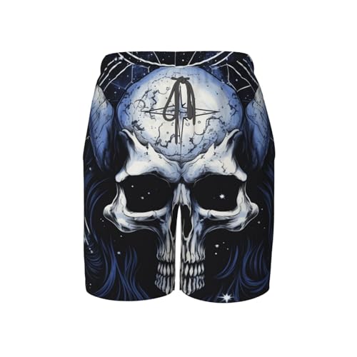 Boys Beach Board Shorts Swim Trunks Teen Kids Quick Dry Bathing Suits, Skull Starry Sky Pentagram Demon Art