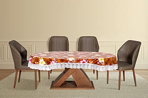 Image of The Furnishing Tree Waterproof PVC Oval Shaped 10 Seater Table Cover WxL 60x120 inches Floral Pattern Orange with White Border lace