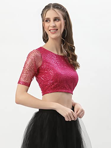 Image of studio rasa Women's Net Sequin Embroidered Sheer Sleeves Readymade Saree Blouse for Wedding Festive Party