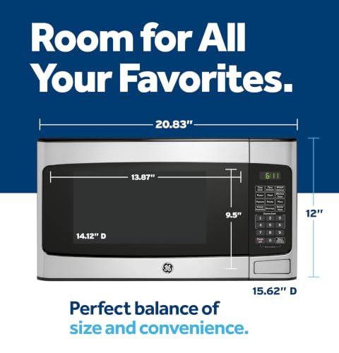 Image of GE Countertop Microwave Oven, 950 Watt, 1.1 Cu. Ft., Stainless Steel | 6 Convenience Cook Settings, Bonus Pasta Cooker Included, One-Touch Controls, Child Lock Technology, Glass Turntable