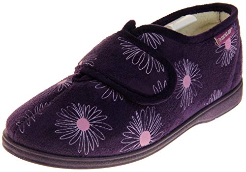 Dunlop Womens Faux Suede Hook and Loop Slippers Ladies Fleece Lined House Slipper Purple UK 5