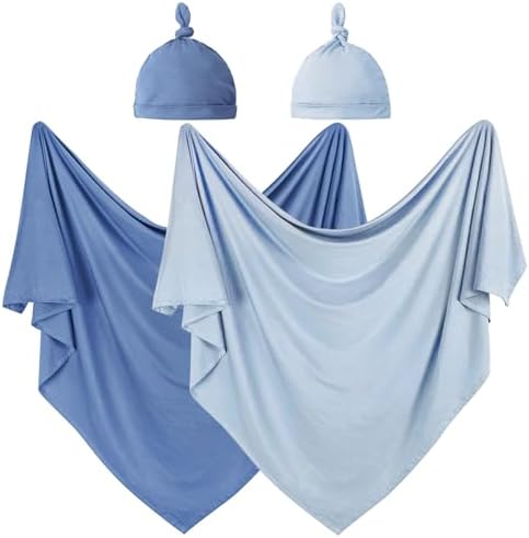 OWLOWLA 2Pack Newborn Swaddle Blanket with Hat Set Baby Wrap Swaddle Receiving Blanket Boys Girls(Baby Blue&Steel Blue)