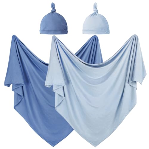 OWLOWLA 2Pack Newborn Swaddle Blanket with Hat Set Baby Wrap Swaddle Receiving Blanket Boys Girls(Baby Blue&Steel Blue)