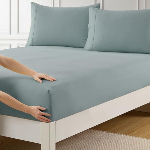 King Size Fitted Sheet Only with Full Elastic & Built in Corner Sheet Straps to Prevent Shifting - Soft & Breathable Brushed Microfiber Bottom Sheet, King, Misty Blue