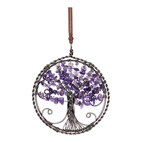 PESOENTH Amethyst Tree of Life Dream Catcher Hanging Ornament Handmade Purple Dream Catchers Tree of Life Crystal Suncatcher Window Car Wall Art Hanging Decorations for Home Office Decor Cover