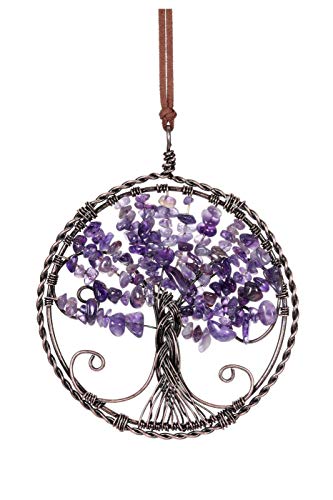PESOENTH Amethyst Life Tree Wall Hanging Ornament Boho Amethyst Crystals and Healing Stones Purple Dream Catcher Car Window Home Bedroom Wall Hanging Decor Gifts for Women Birthday