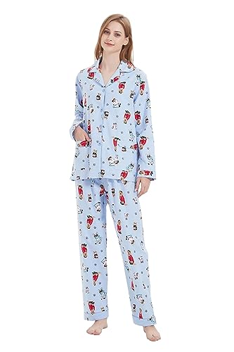 amaxer Women's Warm Pjs Flannel Pajamas Set 100% Cotton Sleepwear Button Pajama,Ski Puppy,M