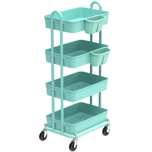 Image of Simple Houseware 4-Tier Rolling Utility Cart with Hanging Bucket, Turquoise | Storage for Bathroom, Kitchen, Office, Study Room, Nursery Diaper
