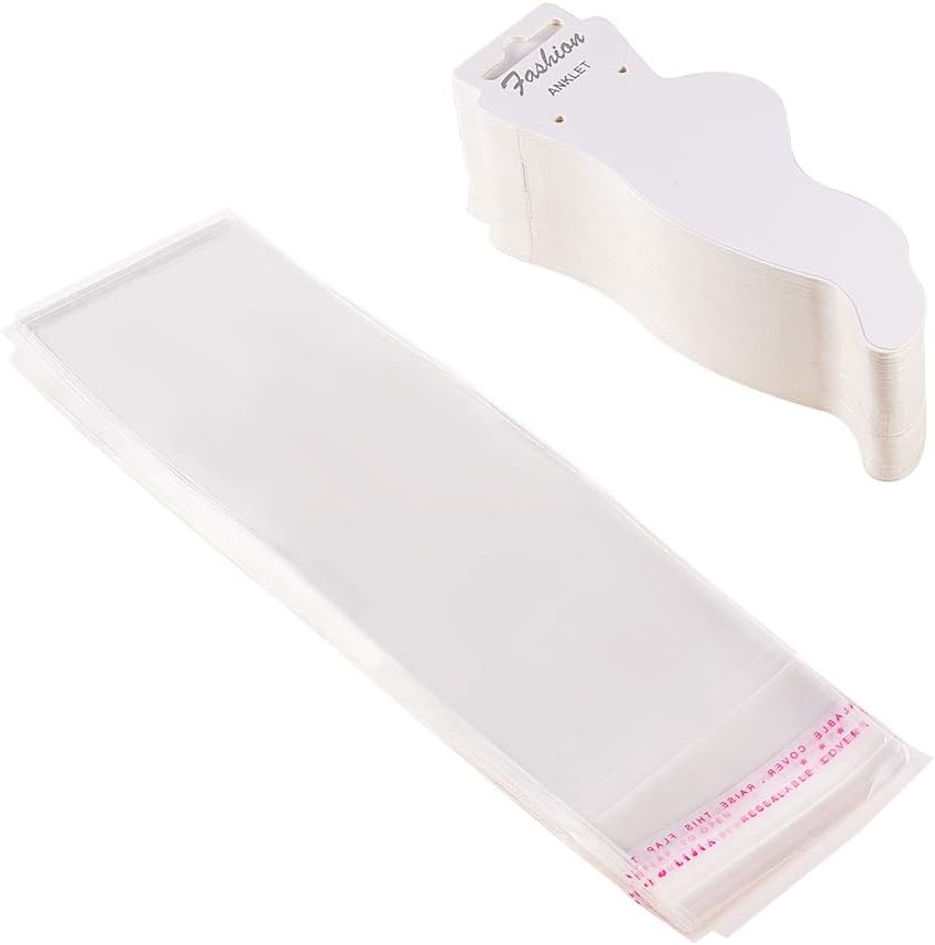 PH PandaHall Anklet Display Paper Card Set, 120pcs White Blank Cardboard Jewelry Holder 6x2 Feet Shape Hanger Tags with 120pcs 9x2 Clear Plastic Bags Self-Sealing OPP Bags for Home Business Store