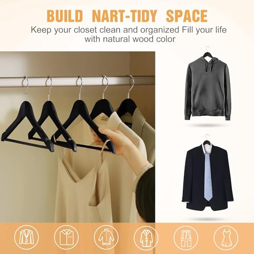 Image of WHISKET - Premium Wooden Clothes Hangers | 360 Chrome Swivel Hook | Non-Slip Notches for Shirts, Dresses & Coats | Space Saving Wardrobe Organizer. (Black) [Pack of 20]