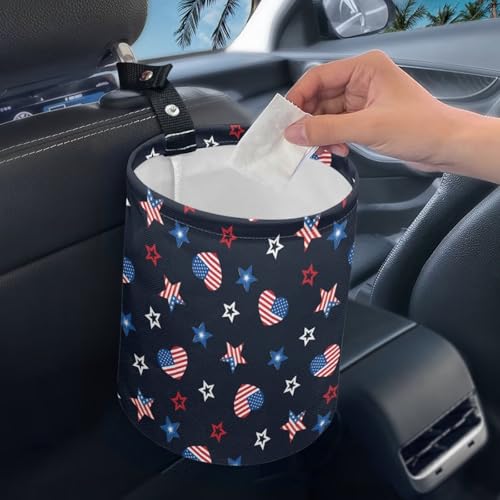Image of American Flag Star Car Trash Can Waste Basket Portable Car Garbage Bin Collapsible Accessories Trash Can for Car SUV Trucks Universal