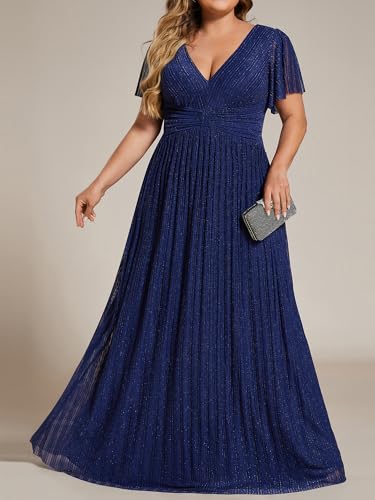 Image of Ever-Pretty Women's Plus Size Glitter Formal Dresses for Curvy Women A Line V Neck Gala Mother of Bride Dress Evening Gown