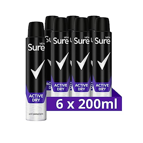 Sure Men Active Dry Anti-Perspirant Aerosol pack of 6 deodorant for men for 48-hour sweat and odour protection 200 ml