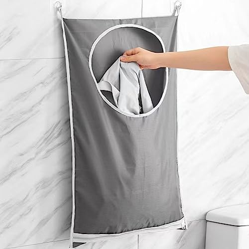 Lubrati Door Hanging Laundry Hamper Bag, Portable Clothing Storage Bag, Oxford, Large Capacity on Wall for Small Spaces for Clothes, with Stainless Steel Hooks and Sucker Hooks-Grey