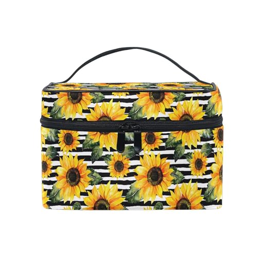 Mnsruu Sunflower Makeup Bag, Sunflower On Stripes Makeup Organizer Bags Toiletry Bag Box Travel Cosmetic Bag Make Up Train Case for Women Teen Girl Ladies
